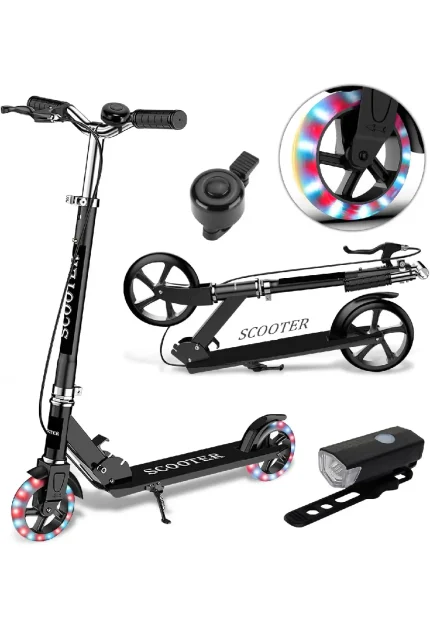 Scooter para Adulto Niños Niña,Scooter Monopatin Plegable,con Luces y Timbre,Ajuste de Altura Libre,Monopatín Máx 150kg con Ruedas Iluminadas,Frenos de Mano y de Pie (6)